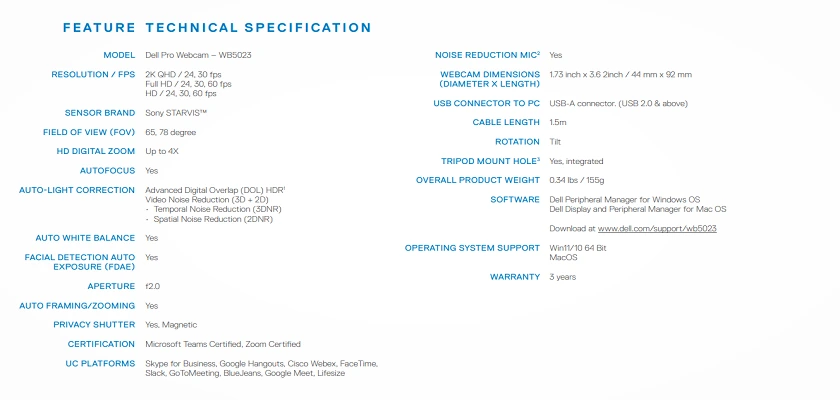 Dell Pro 2k webcam review wb5023 specifications 