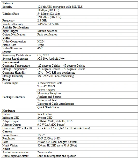 TP-Link Tapo C320WS Specifications