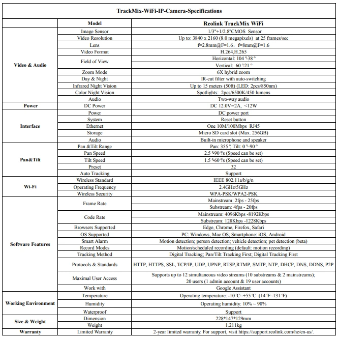 Reolink TrackMix Specifications (WiFI Camera)