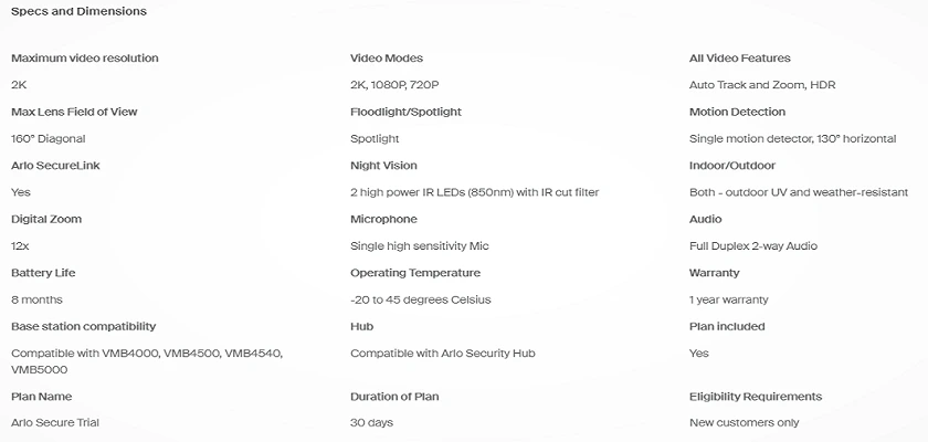 Arlo Pro 5s 2k specifications