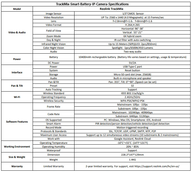 Reolink TrackMix Smart Battery Camera Specifications