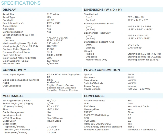 Lenovo ThinkVision Monitor T22i-10 Specifications