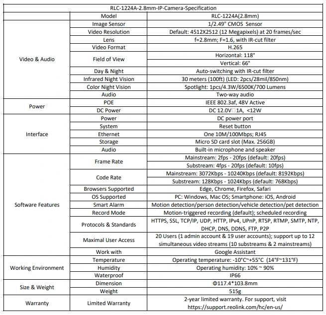 Reolink RLC-1224A Specifications