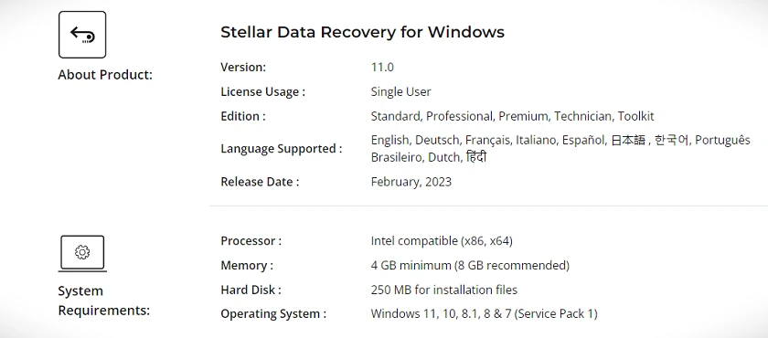 Stellar Data Recovery Specifications Windows