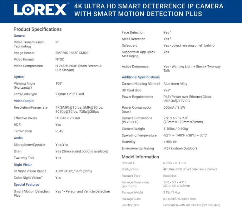 Lorex 4K Camera Specifications, Lorex E893ABP Specifications, Lorex 4K Ultra HD Camera Specifications