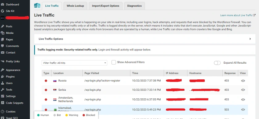 Wordfence traffic analysis real time 